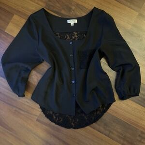 Y2K Whimsigoth Black Floral Lace Blouse 3/4 Sleeve Button Down Casual Size Small